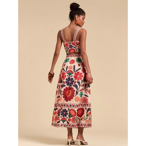 Floral Two Piece Crop Top and Midi Skirt Set Cream Red Large - Picture 2 of 10